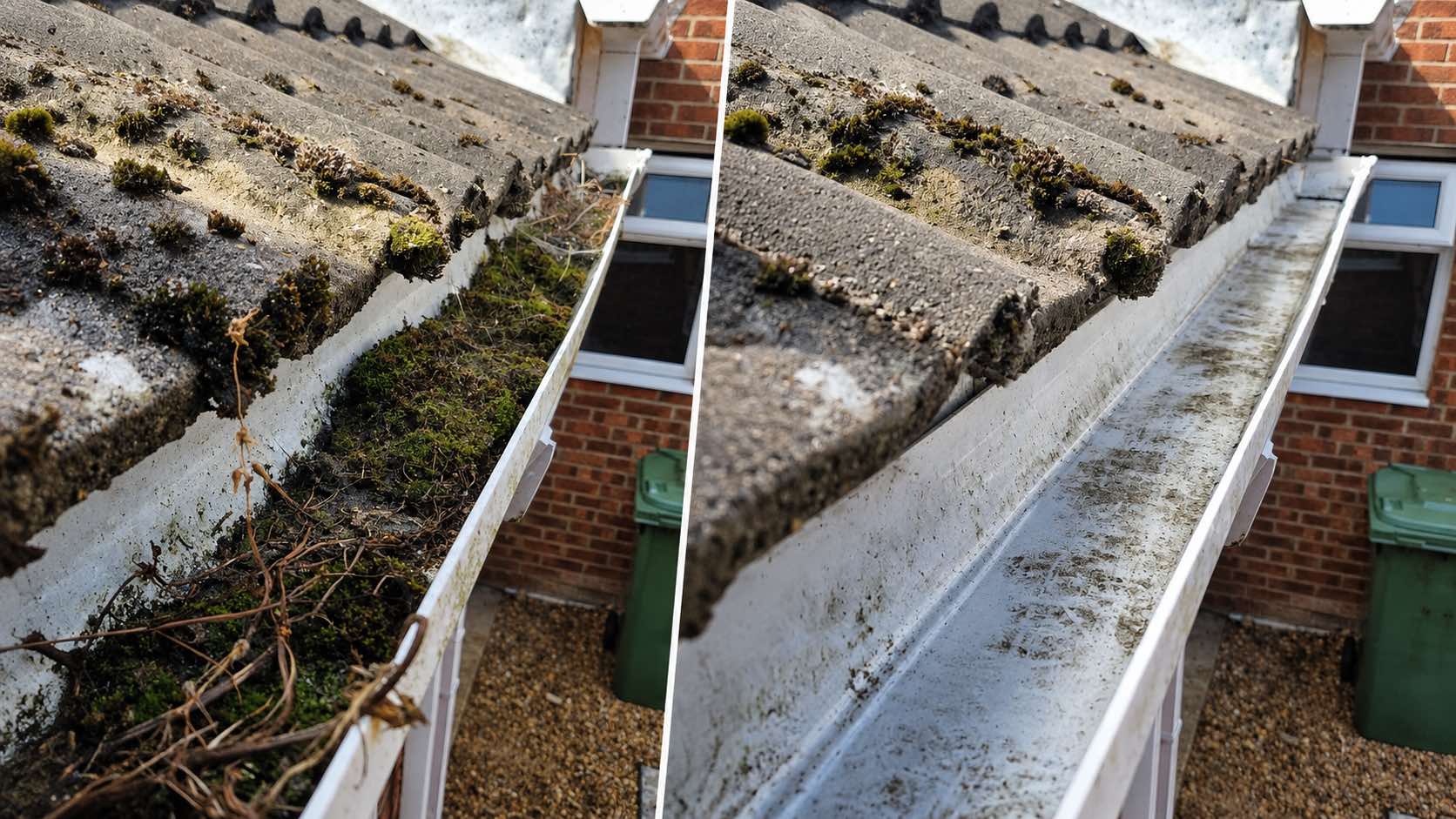 Before and after professional gutter cleaning by Elite Window Cleaning