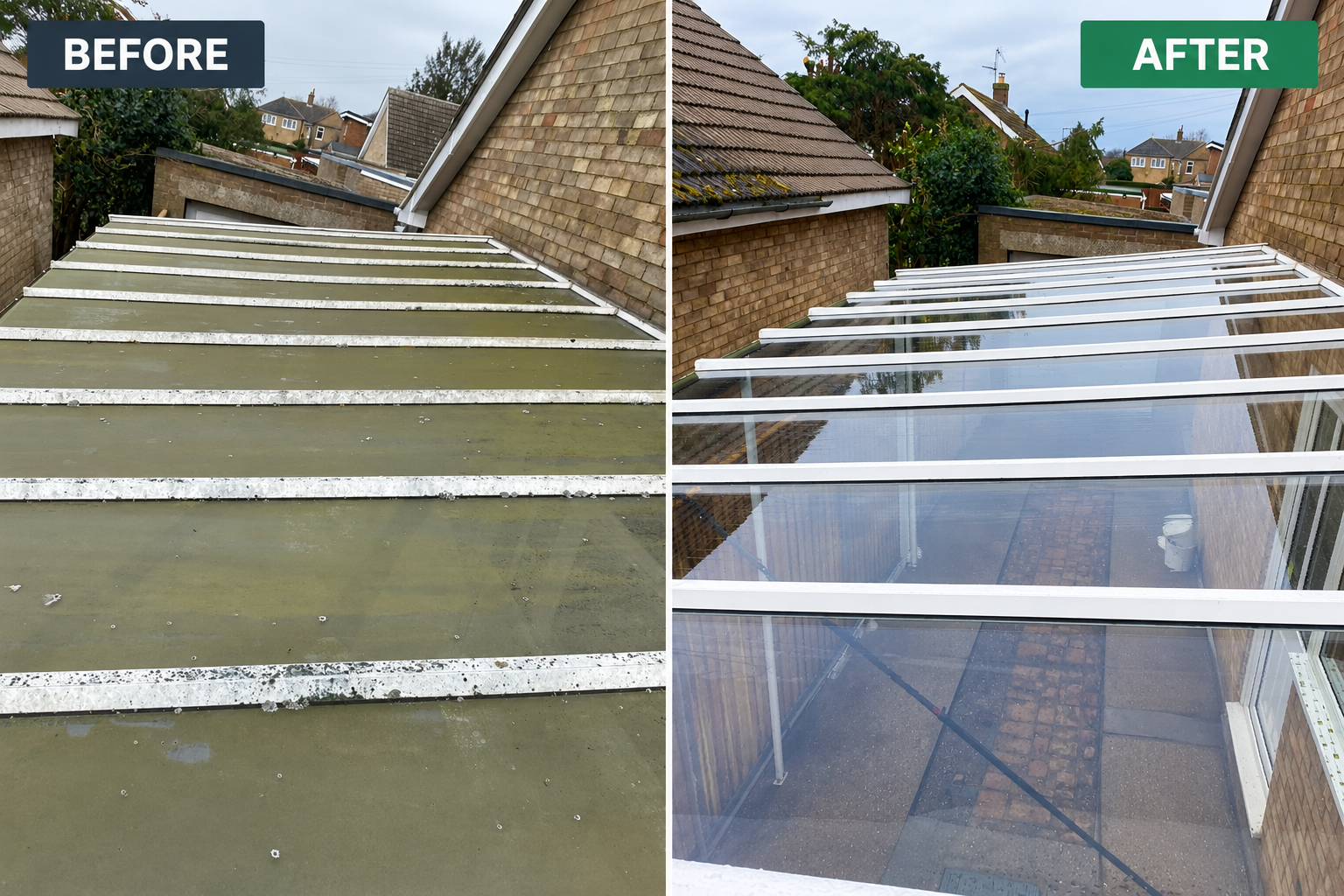 Dirty conservatory roof before and after professional cleaning