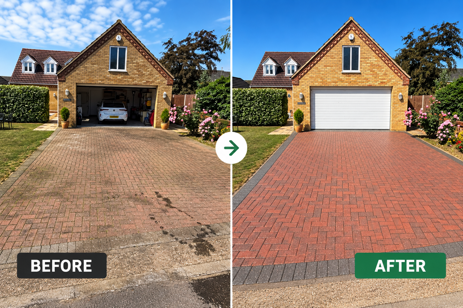 Pressure washing driveway before and after in March