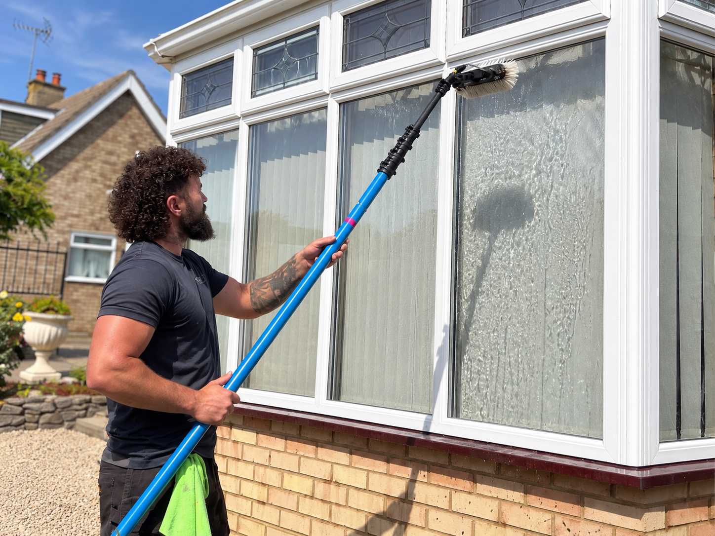 Logan from Elite cleaning windows at a local customer's property
