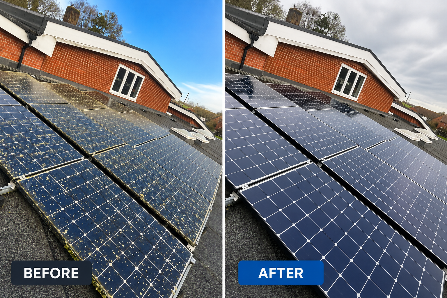 Solar panels before and after professional purified-water cleaning