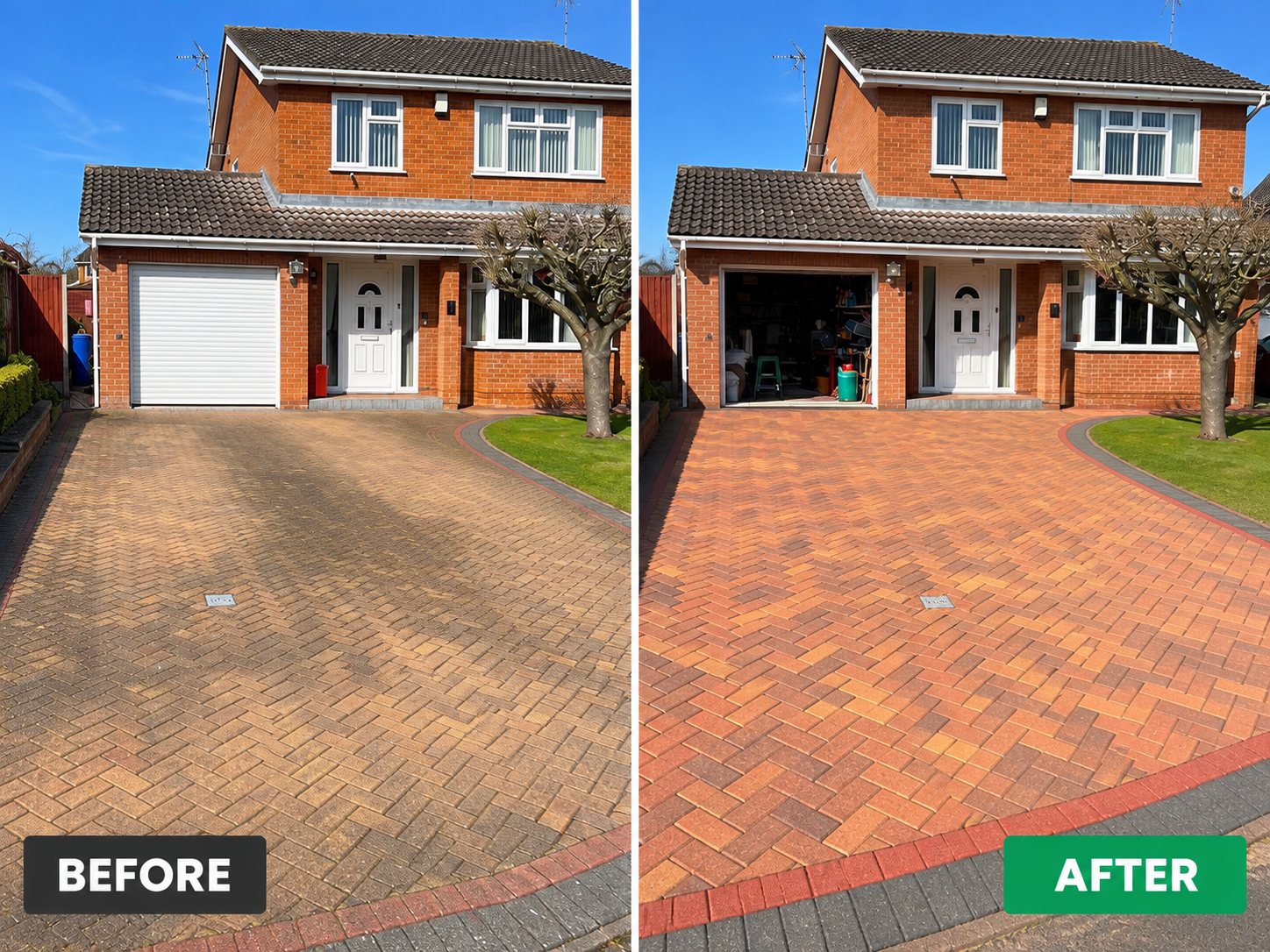 Block paving driveway before and after pressure washing