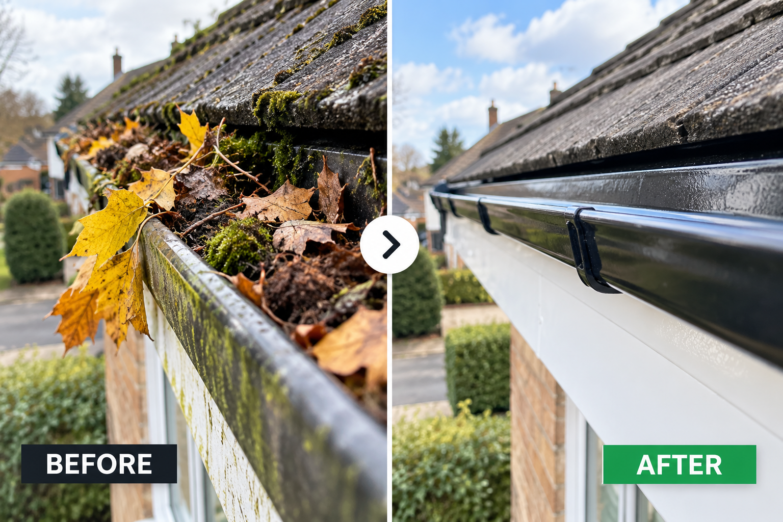 Blocked gutter filled with leaves before gutter cleaning