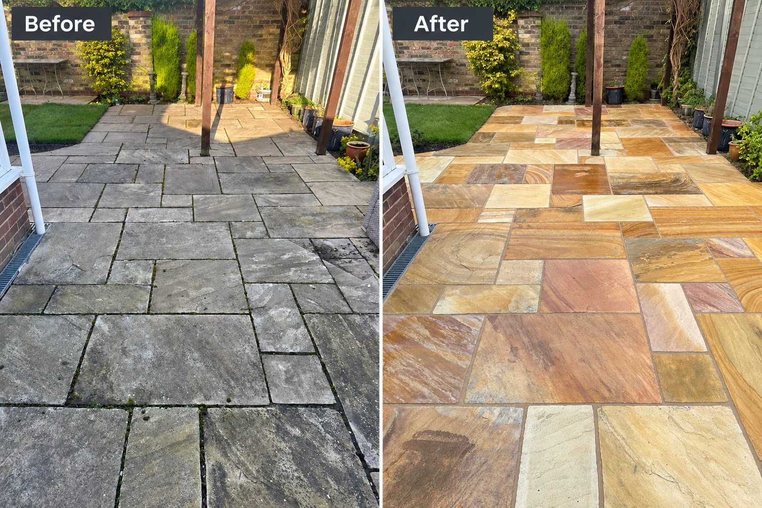 Patio before and after professional pressure washing