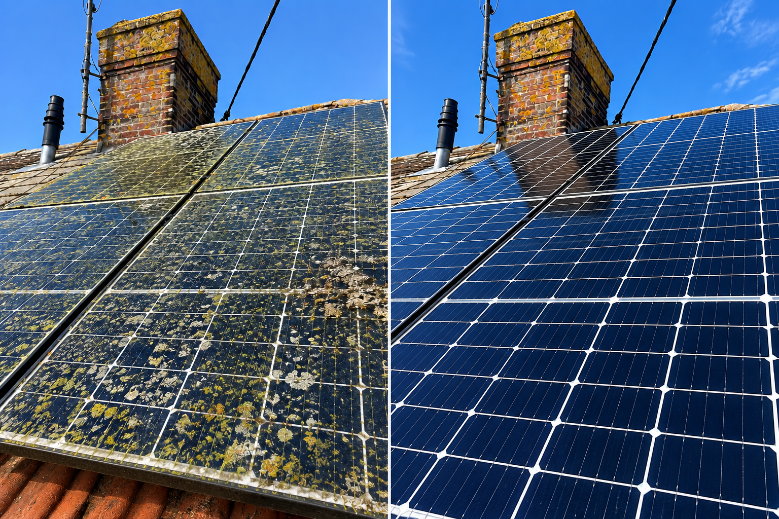 Dirty solar panels before and after professional cleaning