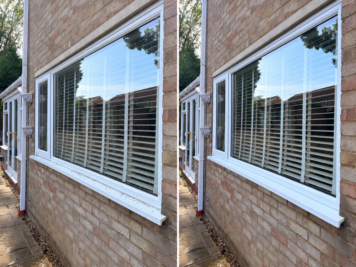Before-and-after result showing exterior glass, window frames and sill professionally cleaned by Elite in the Cambridgeshire area.